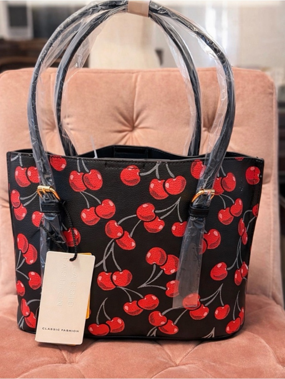 Y2K Cherry Print Black Tote Bag - Classic w/ wallet